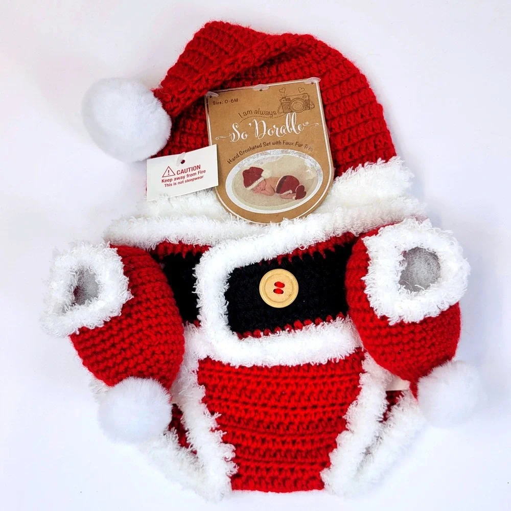 So'Dorable Santa Photography Set Hand Crocheted Red White Baby 0-6M NEW